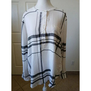 Lucky Brand Shirt Blouse Large Roll Tab Sleeve‎ Round Neck Plaid Beige Black